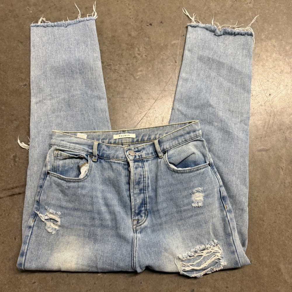 PacSun Womens High Rise Straight Leg Distressed Light Wash Jeans Size 29 Raw Hem